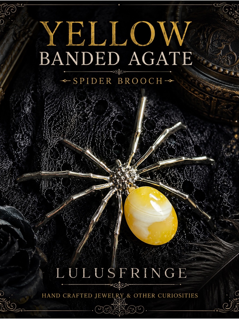 Yellow Banded Agate Spider Accent Pin Brooch